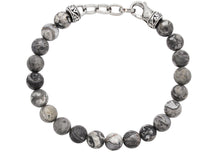 Load image into Gallery viewer, Mens Genuine 8mm Gray Jasper Bead Stainless Steel Bracelet