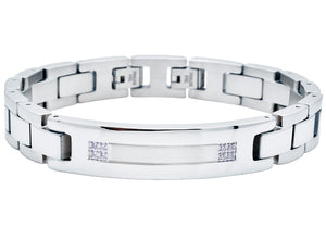 Mens Stainless Steel ID-Engravable Bracelet With Cubic Zirconia