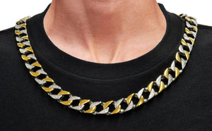 Mens 14mm Two Tone Gold Stainless Steel Pave Curb Link Bracelet & Necklace Chain Set