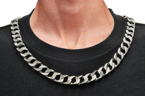 Mens 14mm Stainless Steel Pave Cuban Link Bracelet & Necklace Chain Set