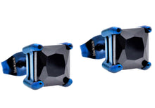 Load image into Gallery viewer, Mens 7mm Black Cubic Zirconia Blue Stainless Steel Square Stud Earrings