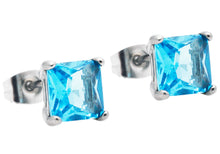 Load image into Gallery viewer, Mens 7mm Blue Cubic Zirconia Stainless Steel Square Stud Earrings