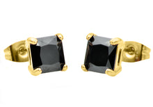 Load image into Gallery viewer, Mens 7mm Gold Plated Black Cubic Zirconia Gold Stainless Steel Square Stud Earrings