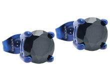 Load image into Gallery viewer, Mens 7mm Blue Plated Stainless Steel Stud Earrings With Black Cubic Zirconia