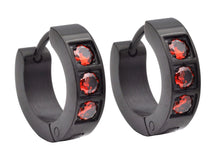 Load image into Gallery viewer, Mens 14mm Black Plated Stainless Steel Hoop Earrings With Red Cubic Zirconia