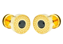 Load image into Gallery viewer, Mens 10mm Gold Plated Stainless Steel Greek Key Earrings with Black Cubic Zirconia