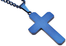 Load image into Gallery viewer, Men&#39;s Polished and Brushed Finished Blue Stainless Steel Cross Pendant With 24&quot; Blue Curb Chain
