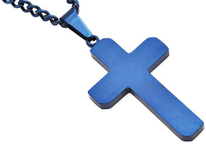 Men's Polished and Brushed Finished Blue Stainless Steel Cross Pendant With 24" Blue Curb Chain