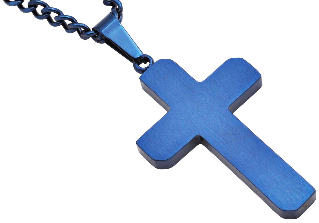 Men's Polished and Brushed Finished Blue Stainless Steel Cross Pendant With 24