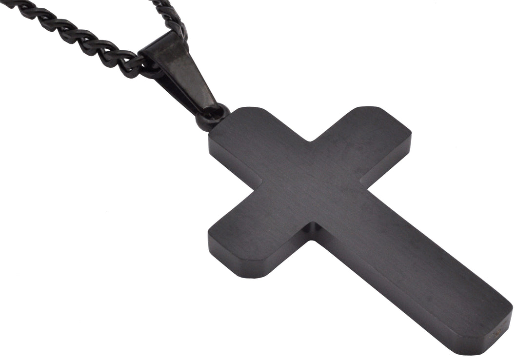 Mens Polished and Brushed Finished Black Stainless Steel Cross Pendant With 24