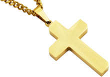 Load image into Gallery viewer, Mens Polished and Brushed Finished Gold Stainless Steel Cross Pendant With 24" Gold Curb Chain