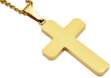 Load image into Gallery viewer, Mens Polished and Brushed Finished Gold Stainless Steel Cross Pendant With 24" Gold Curb Chain