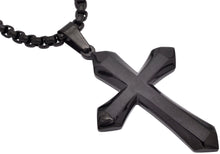 Load image into Gallery viewer, Mens Black Plated Stainless Steel Cross Pendant Necklace with 24" Round Box Chain