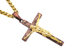 Load image into Gallery viewer, Mens Two Tone Gold Plated Stainless Steel Crucifix Pendant Necklace with 24" Wheat Link Chain
