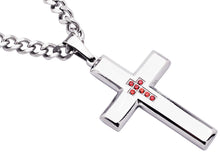 Load image into Gallery viewer, Mens Polished Stainless Steel Cross Pendant Necklace With Red Cubic Zirconia