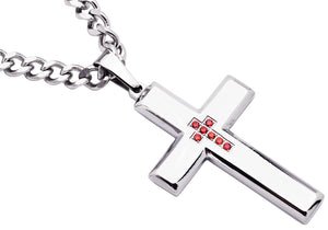 Mens Polished Stainless Steel Cross Pendant Necklace With Red Cubic Zirconia