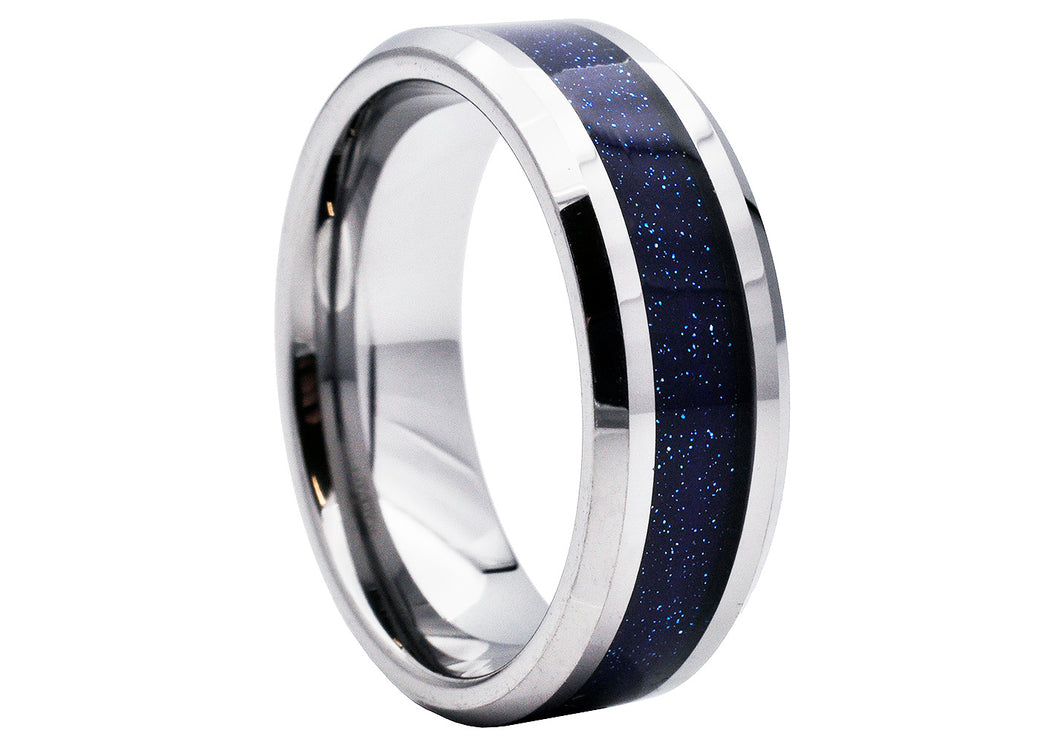 Mens Tungsten Band Ring With Blue Sandstone Inlay