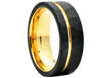 Load image into Gallery viewer, Mens Two Tone Black and Gold Hammered Tungsten Band Ring
