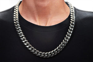 Mens 14mm Miami Cuban Stainless Steel Link Chain With Box Clasp Set