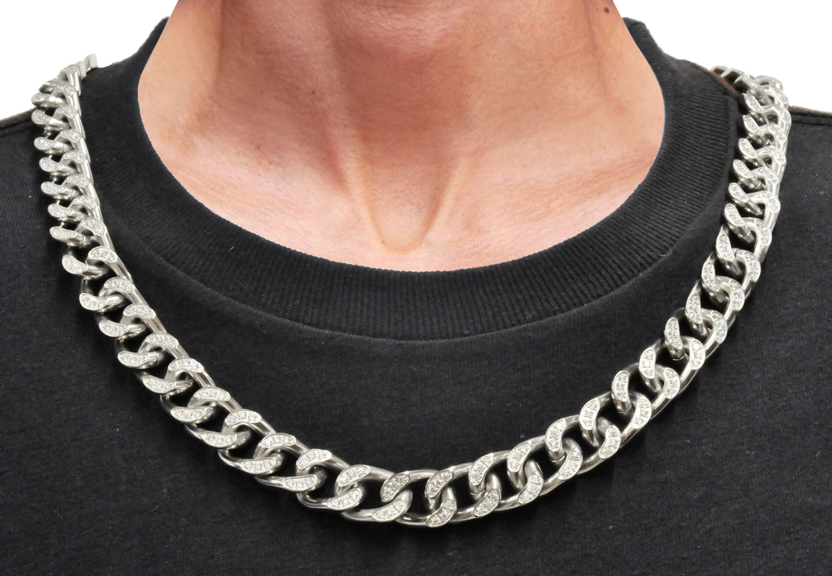 Mens Stainless Steel Curb Link Chain Set With Cubic Zirconia