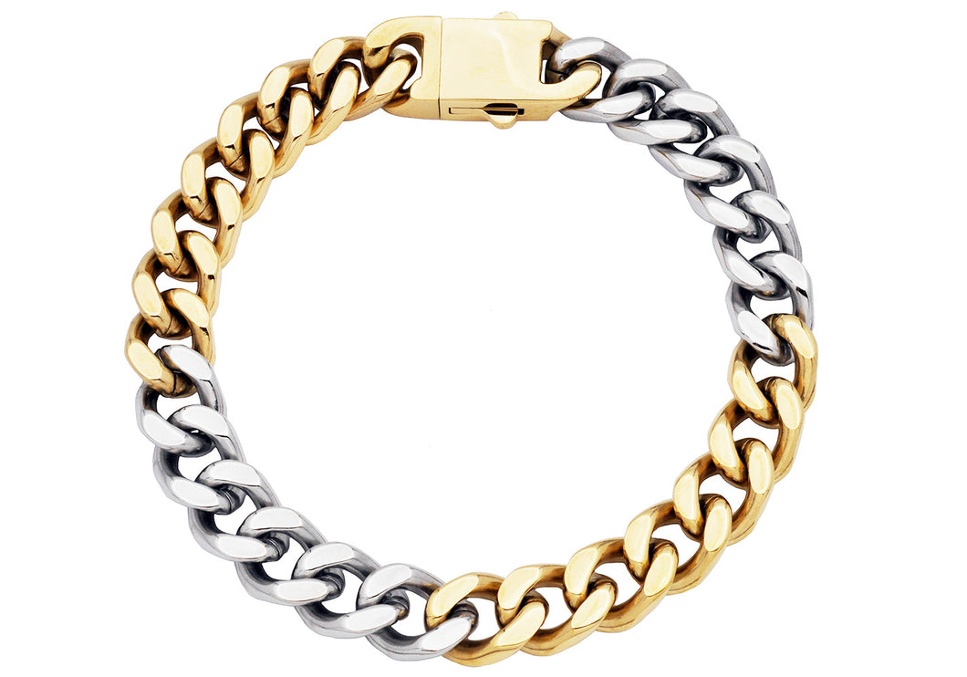 Mens 10mm Two-Toned Gold Plated Stainless Steel Cuban Link Chain Bracelet