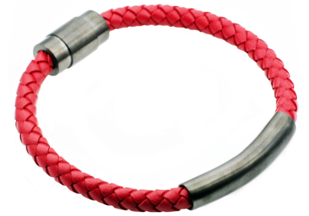 Mens Red Leather Gunmetal Stainless Steel Bracelet