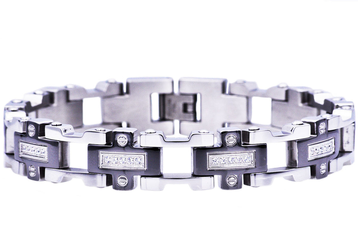 Mens Black Stainless Steel Bracelet With Cubic Zirconia
