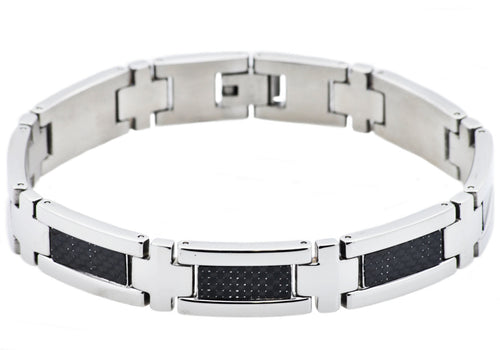 Mens Stainless Steel Bracelet With Black Carbon Fiber - Blackjack Jewelry