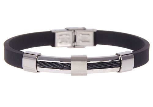 Mens Black Silicone And Stainless Steel Wire Bracelet - Blackjack Jewelry