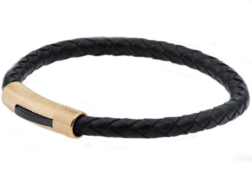 Mens Black Leather And Gold Stainless Steel Bracelet - Blackjack Jewelry