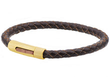 Load image into Gallery viewer, Mens Brown Leather And Gold Stain Stainless Bracelet - Blackjack Jewelry
