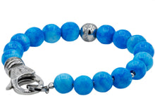 Load image into Gallery viewer, Mens Stainless Steel And Larimar Bead Bracelet With Cubic Zirconia - Blackjack Jewelry

