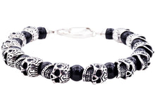 Load image into Gallery viewer, Mens Genuine Onyx Stainless Steel Skull Beaded Bracelet - Blackjack Jewelry