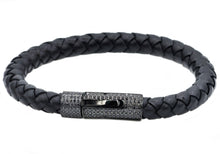 Load image into Gallery viewer, Mens Black Leather And Black Stainless Steel Bracelet With Black Cubic Zirconia - Blackjack Jewelry