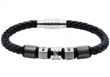 Load image into Gallery viewer, Mens Black Leather And Stainless Steel Bracelet With Black Cubic Zirconia - Blackjack Jewelry