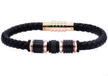 Load image into Gallery viewer, Mens Black Leather Rose Stainless Steel Bracelet - Blackjack Jewelry