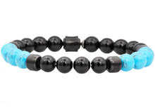 Load image into Gallery viewer, Mens Genuine Onyx And Turqoise Black Stainless Steel Beaded Bracelet - Blackjack Jewelry
