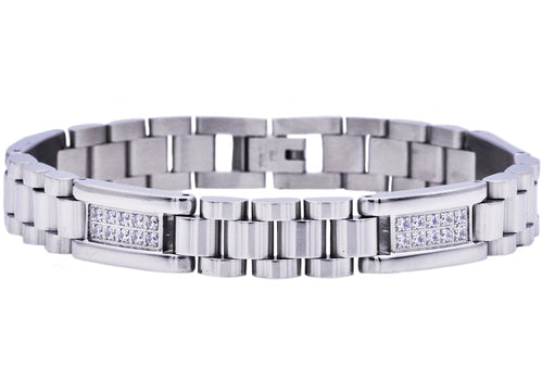 Mens Polished Stainless Steel Link Bracelet With Cubic Zirconia - Blackjack Jewelry