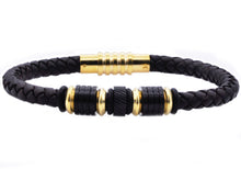 Load image into Gallery viewer, Mens Black Leather Gold Stainless Steel Bracelet - Blackjack Jewelry