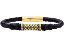 Load image into Gallery viewer, Mens Black Leather Gold Stainless Steel Bracelet - Blackjack Jewelry