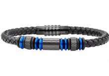 Load image into Gallery viewer, Mens Black Leather Blue Stainless Steel Bracelet With Carbon Fiber - Blackjack Jewelry