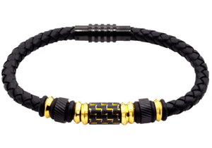 Mens Black Leather Gold Plated Stainless Steel Bracelet With Carbon Fiber - Blackjack Jewelry