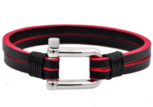 Load image into Gallery viewer, Mens Black And Red Leather Stainless Steel Bracelet - Blackjack Jewelry
