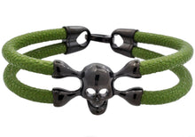 Load image into Gallery viewer, Mens Green Leather And Black Plated Stainless Steel Skull Bracelet - Blackjack Jewelry
