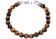 Load image into Gallery viewer, Mens Genuine 8mm Tiger Eye Bead Stainless Steel Bracelet - Blackjack Jewelry