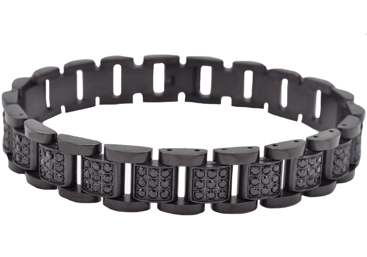 Mens Black Stainless Steel Link Bracelet With Black Cubic