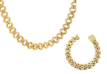 Load image into Gallery viewer, Mens Gold Stainless Steel 14mm Monaco Link Chain Set With Cubic Zirconia - Blackjack Jewelry