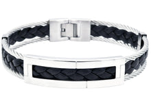 Load image into Gallery viewer, Mens Stainless Steel Black Leather Bracelet with Rope Cables - Blackjack Jewelry
