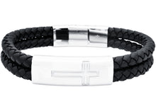 Load image into Gallery viewer, Mens Double Strand Black Leather Stainless Steel Cross Bracelet - Blackjack Jewelry