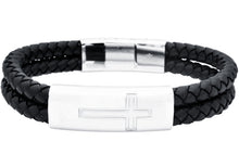 Load image into Gallery viewer, Mens Double Strand Black Leather Stainless Steel Cross Bracelet - Blackjack Jewelry